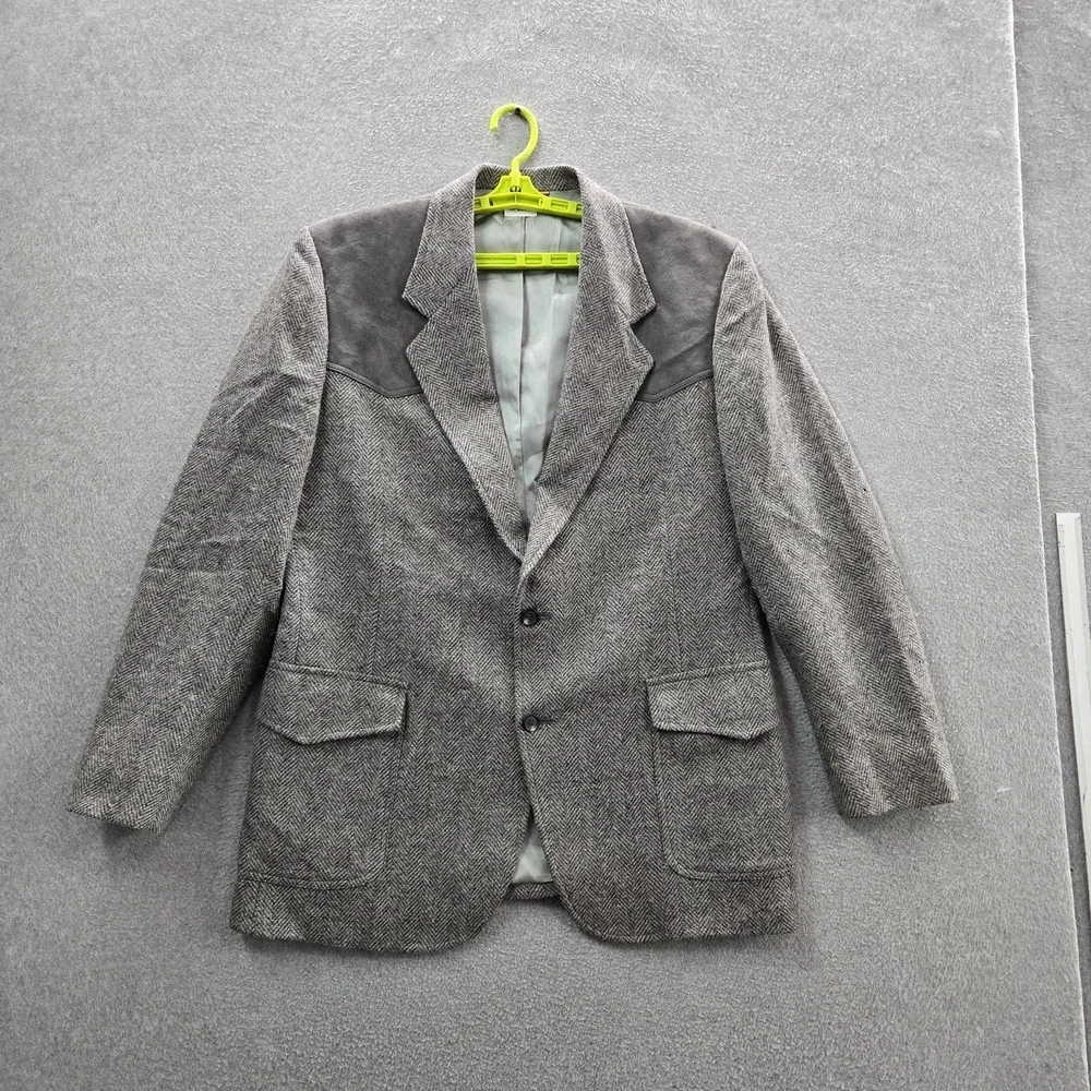 VINTAGE Pendleton Men Blazer 44 LONG 90s USA Gray Wool Herringbone Sport Coat